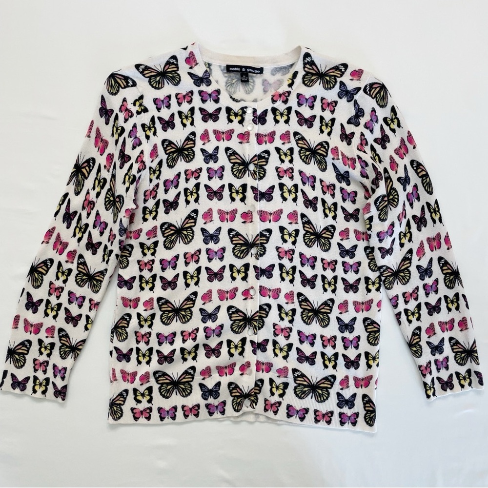 Cable & Gauge Butterfly Cardigan Sweater Button Colorful 3/4 Sleeve Medium Cream